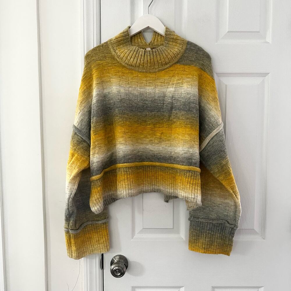 Pilcro Anthropologie Yellow Grey Ombre Striped Cropped Mock Neck Sweater XL - Picture 2 of 15